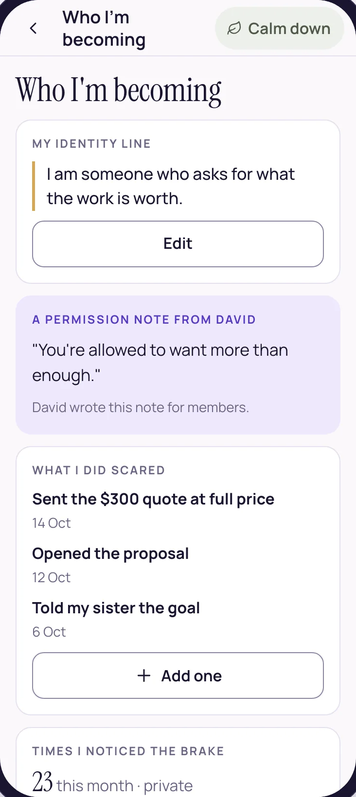 Who I'm becoming: the member's identity line, a note from David, and the list of things done scared