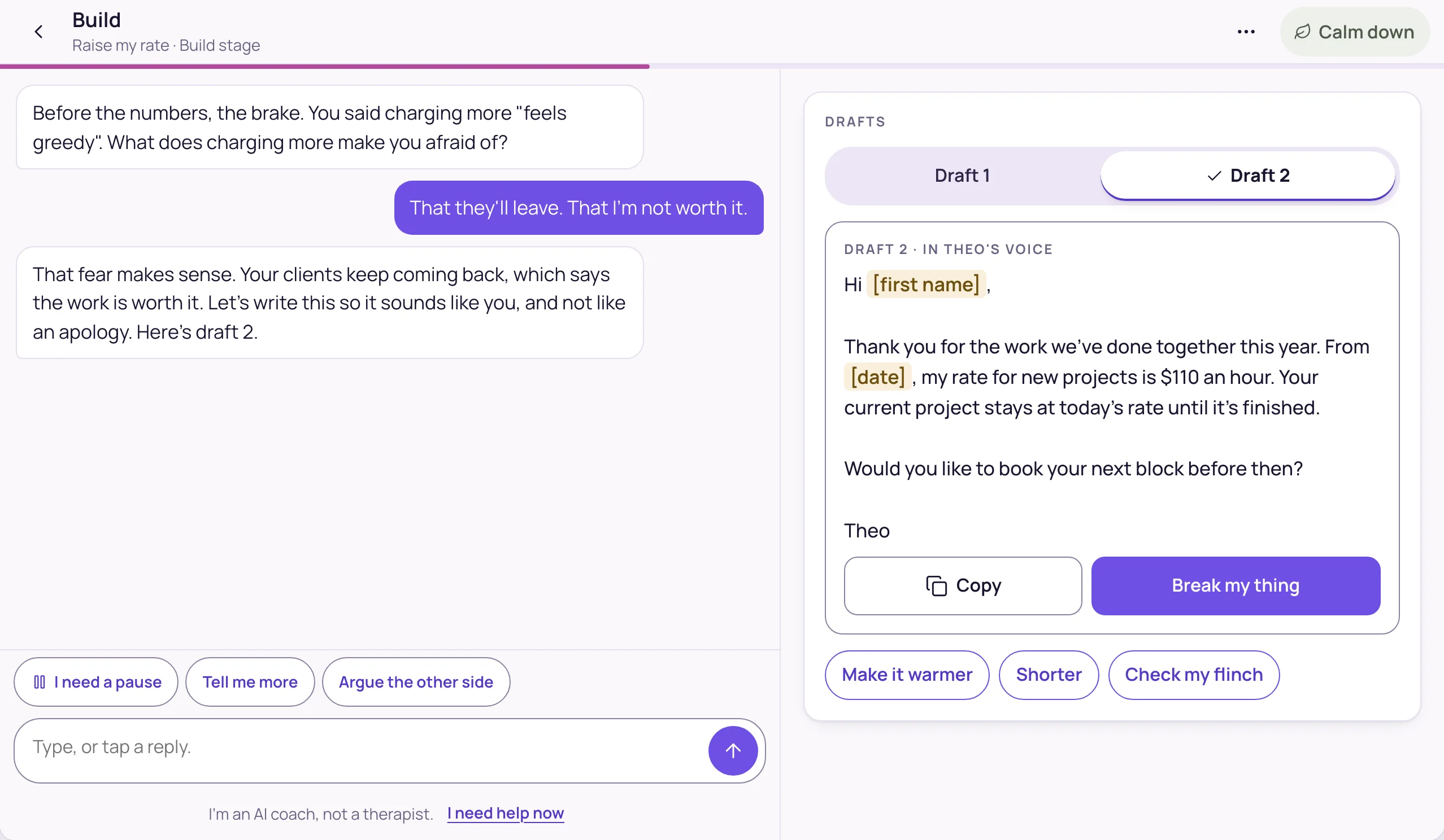 Building on a laptop: the conversation on the left, the draft in the member's own voice on the right
