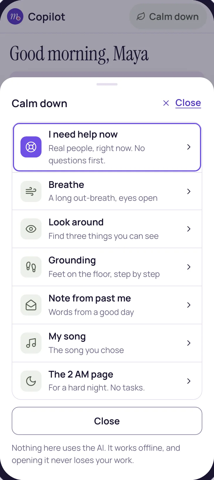 The calm-down kit, one tap from every screen: help now, breathe, look around, grounding and more