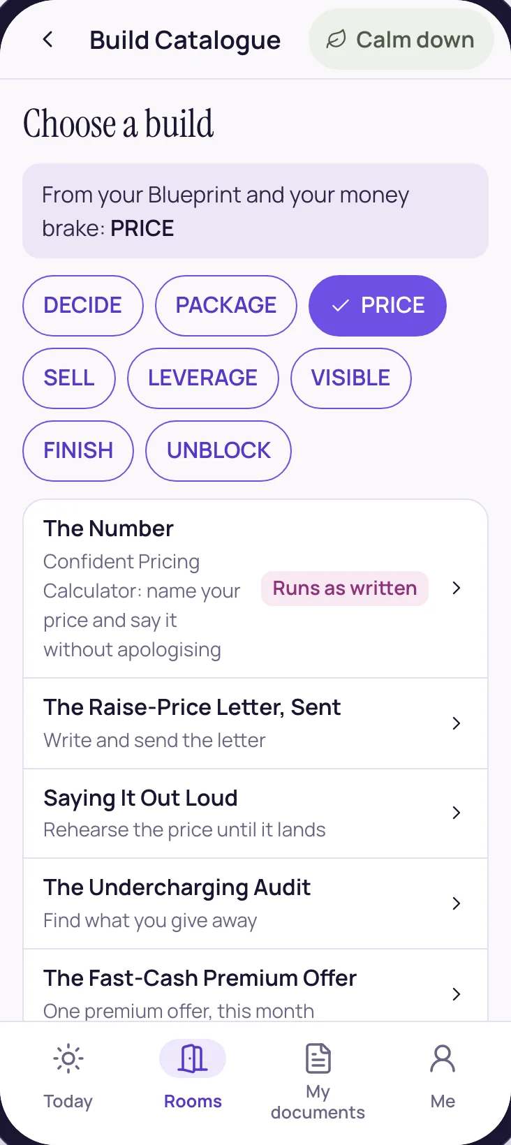 The Build Catalogue, filtered by lane: decide, package, price, sell, leverage, visible, finish, unblock