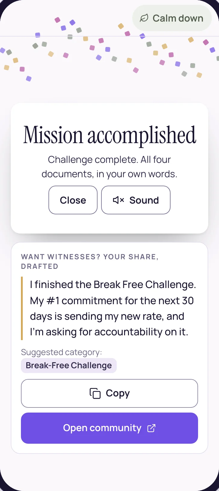 Mission accomplished: the whole Challenge finished, all four documents in the member's own words