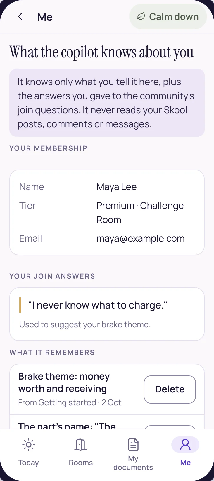 What the copilot knows about you, with a Delete button beside each thing it remembers