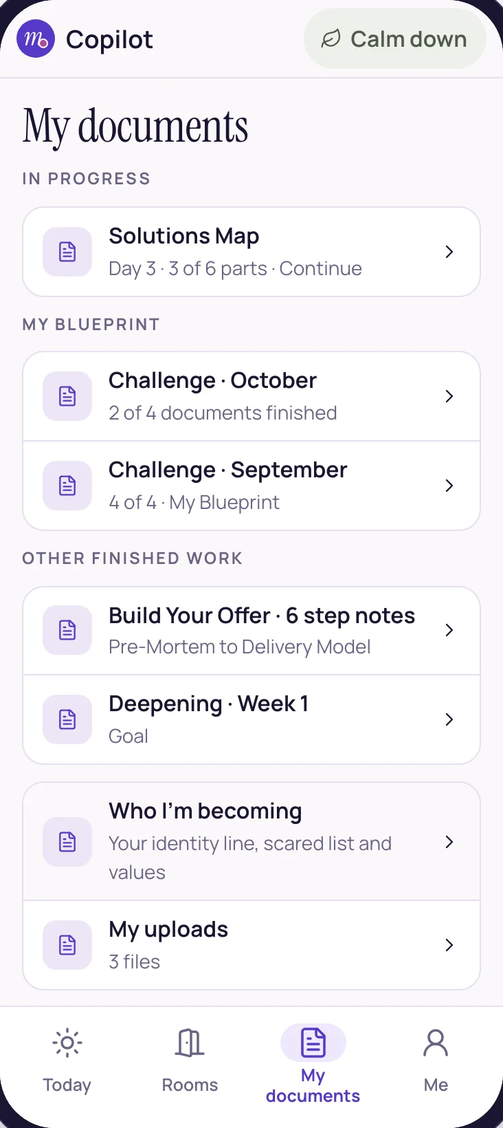 My documents: work in progress, each Challenge's Blueprint, and everything finished