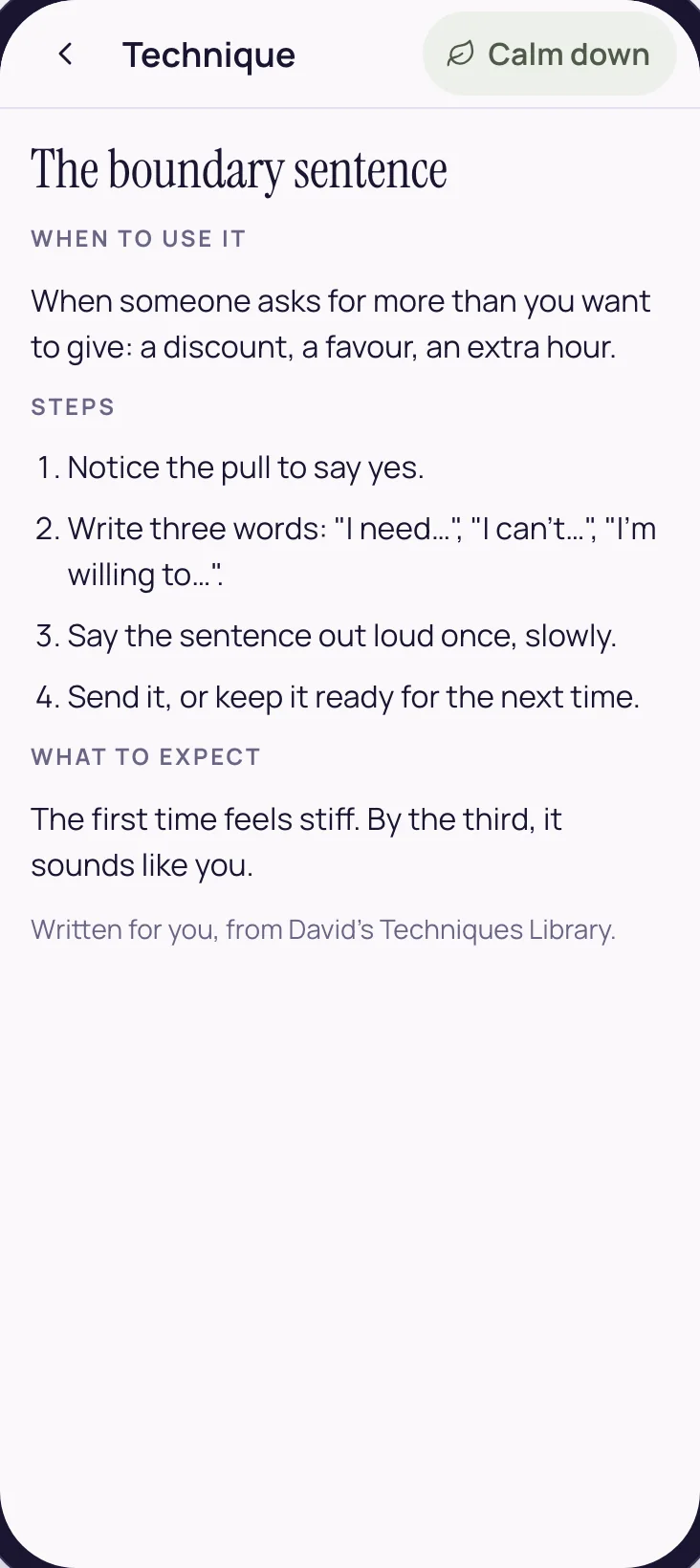 A technique page from David's Techniques Library: when to use it, the steps, and what to expect