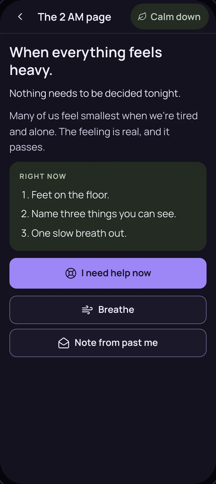 The 2 AM page, in dark mode: nothing needs to be decided tonight