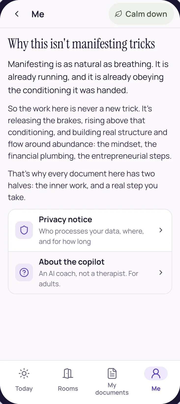 A reading page in the app about why this isn't manifesting tricks